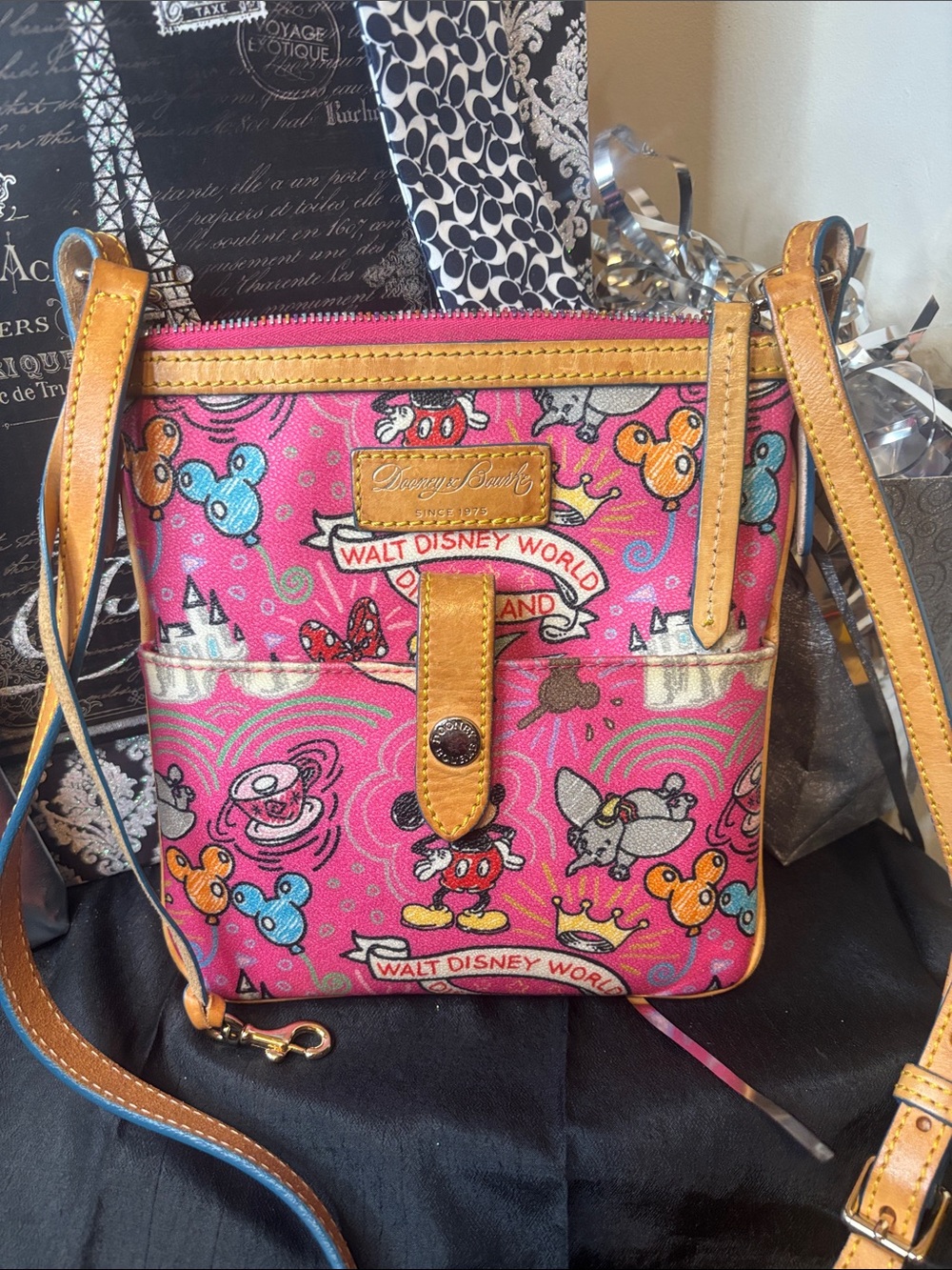 Dooney & Bourke Pink Multicolor Walt Disney World Crossbody Bag with Tan Trim